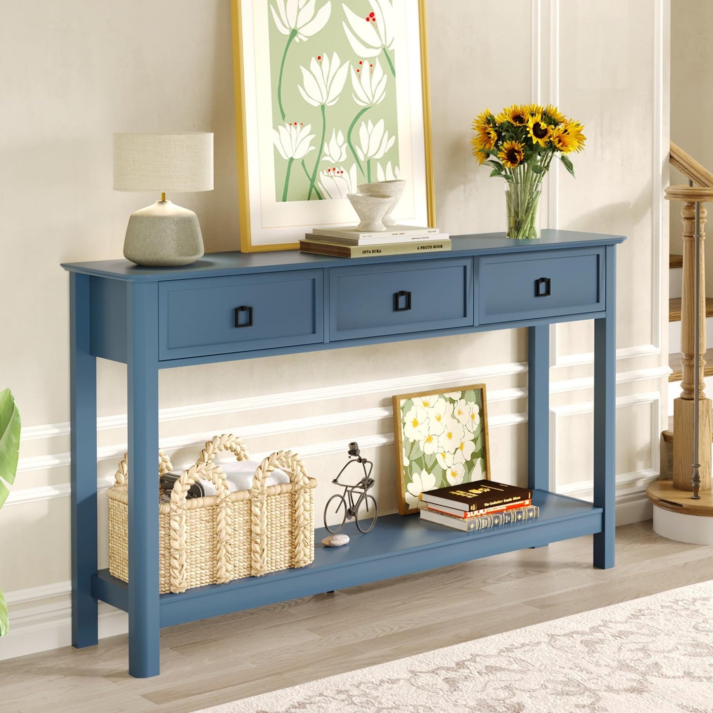 53.1" Console Table with 3 Drawers, Modern Entryway Table, 2-Tier Narrow Long Sofa Table behind Couch Table for Living Room, Hallway, Blue