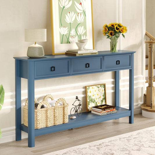 53.1" Console Table with 3 Drawers, Modern Entryway Table, 2-Tier Narrow Long Sofa Table behind Couch Table for Living Room, Hallway, Blue