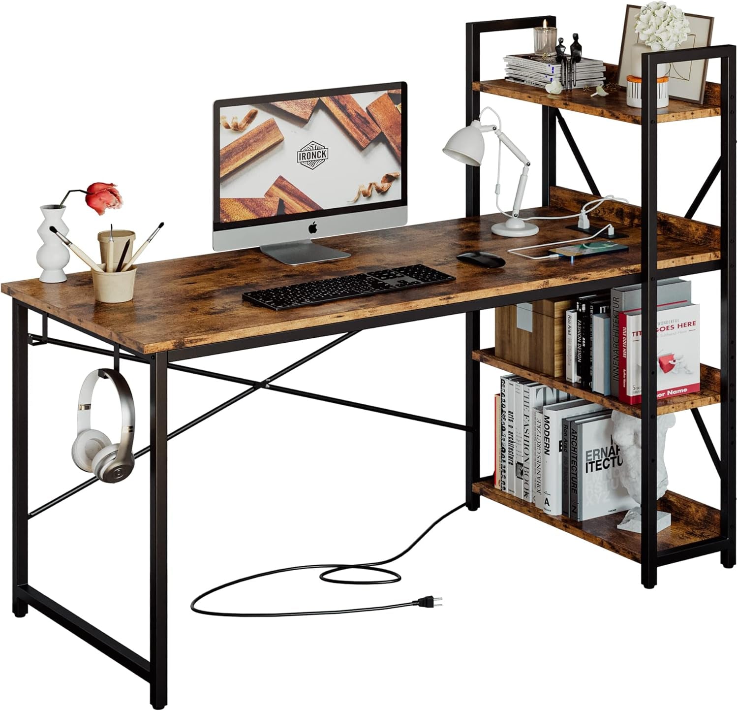 Computer Desk 55" with Power Outlet and Storage Shelves, Study Writing Table with USB Ports Charging Station, PC Desk Workstation for Home Office, Rustic Brown