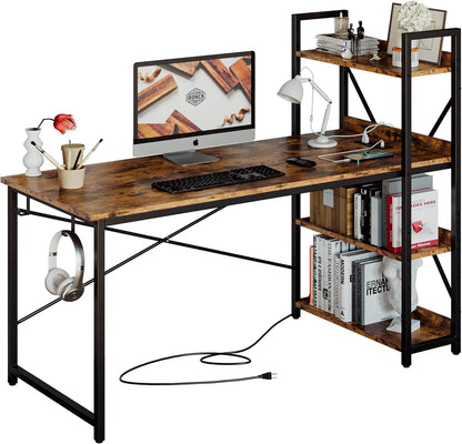 Computer Desk 55" with Power Outlet and Storage Shelves, Study Writing Table with USB Ports Charging Station, PC Desk Workstation for Home Office, Rustic Brown