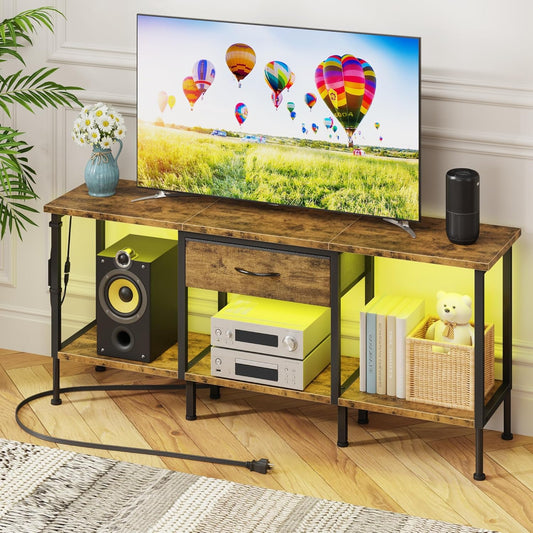 LED TV Stand with Power Outlet and Fabric Drawer for 55 50 45 Inches TV - Entertainment Center and Industrial TV Console Table for Living Room, Bedroom- 47" Rustic Brown