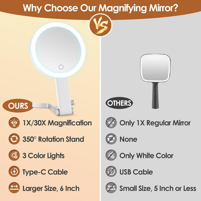 Magnifying Mirror with Light, Double Sided 30X/1X Lighted Travel Makeup Mirror with Magnification, 3 Color Lighting, Dimmable Touch Screen, Adjustable & Foldable Hand Mirror (White)
