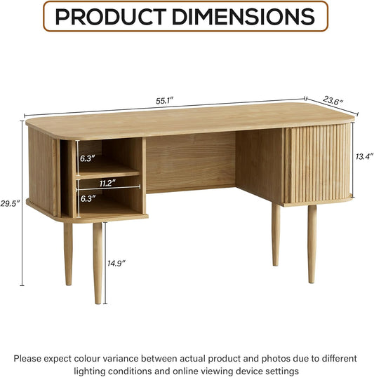 55" Modern Writing Desk with Sliding Doors, Wood Home Office Desk with Storage, Computer Desk for Study, Living Room, Dorm, Natural
