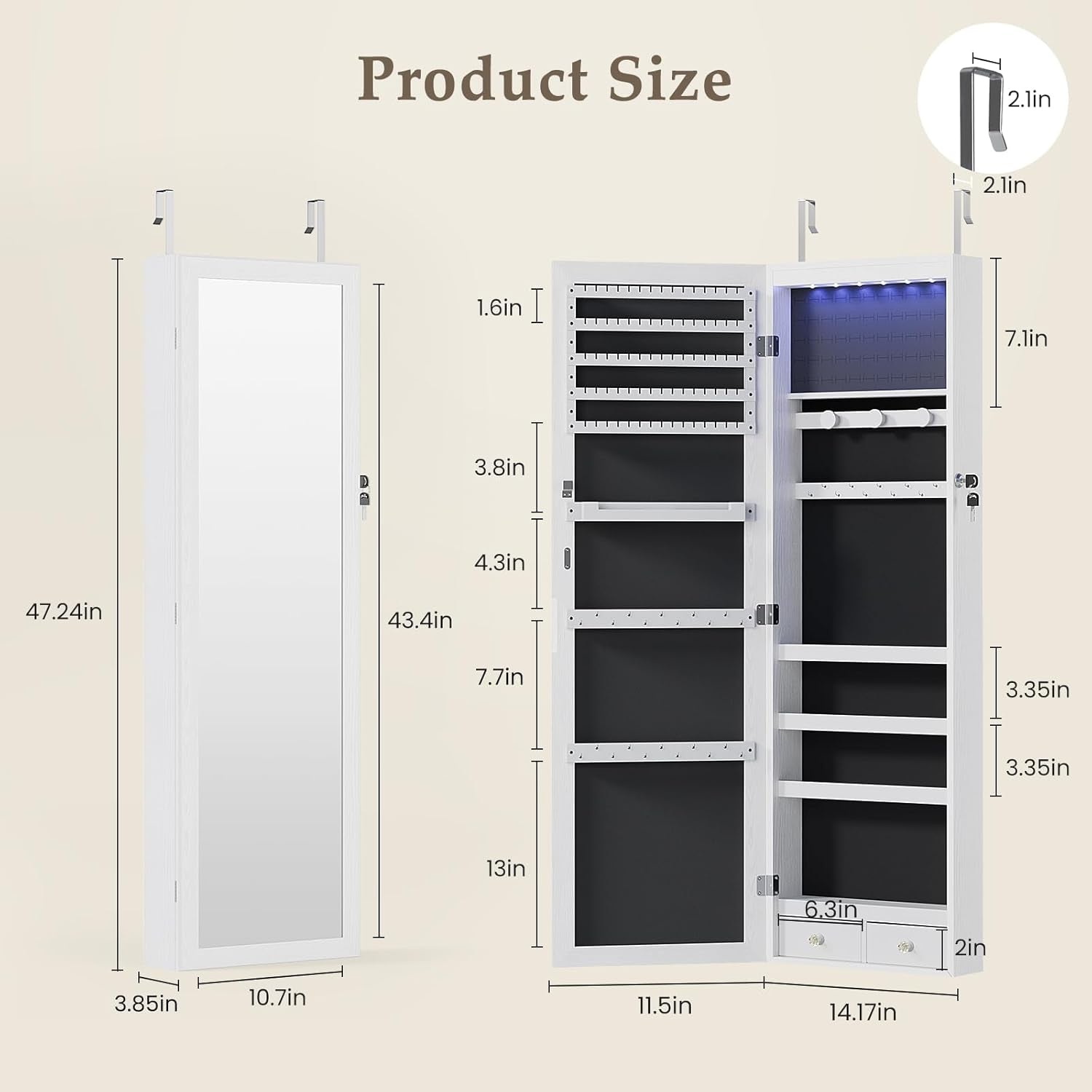 6 Leds Mirror Jewelry Cabinet, Wall or Door Mounted Jewelry Organizer, 47.2-Inch Tall Lockable Large Capacity Cosmetic Storage, Gift Idea, White