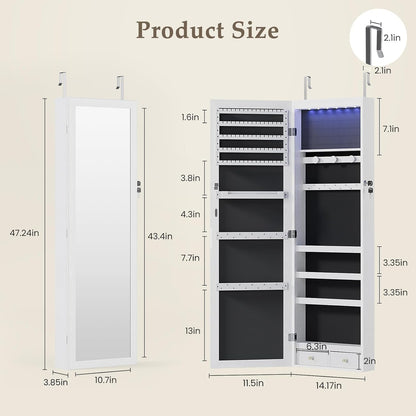 6 Leds Mirror Jewelry Cabinet, Wall or Door Mounted Jewelry Organizer, 47.2-Inch Tall Lockable Large Capacity Cosmetic Storage, Gift Idea, White