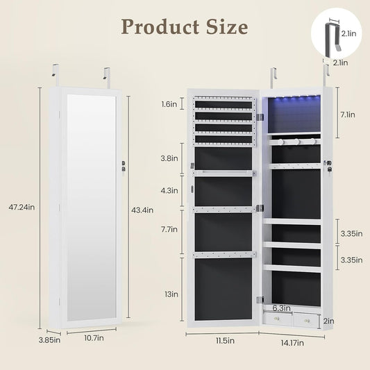6 Leds Mirror Jewelry Cabinet, Wall or Door Mounted Jewelry Organizer, 47.2-Inch Tall Lockable Large Capacity Cosmetic Storage, Gift Idea, White