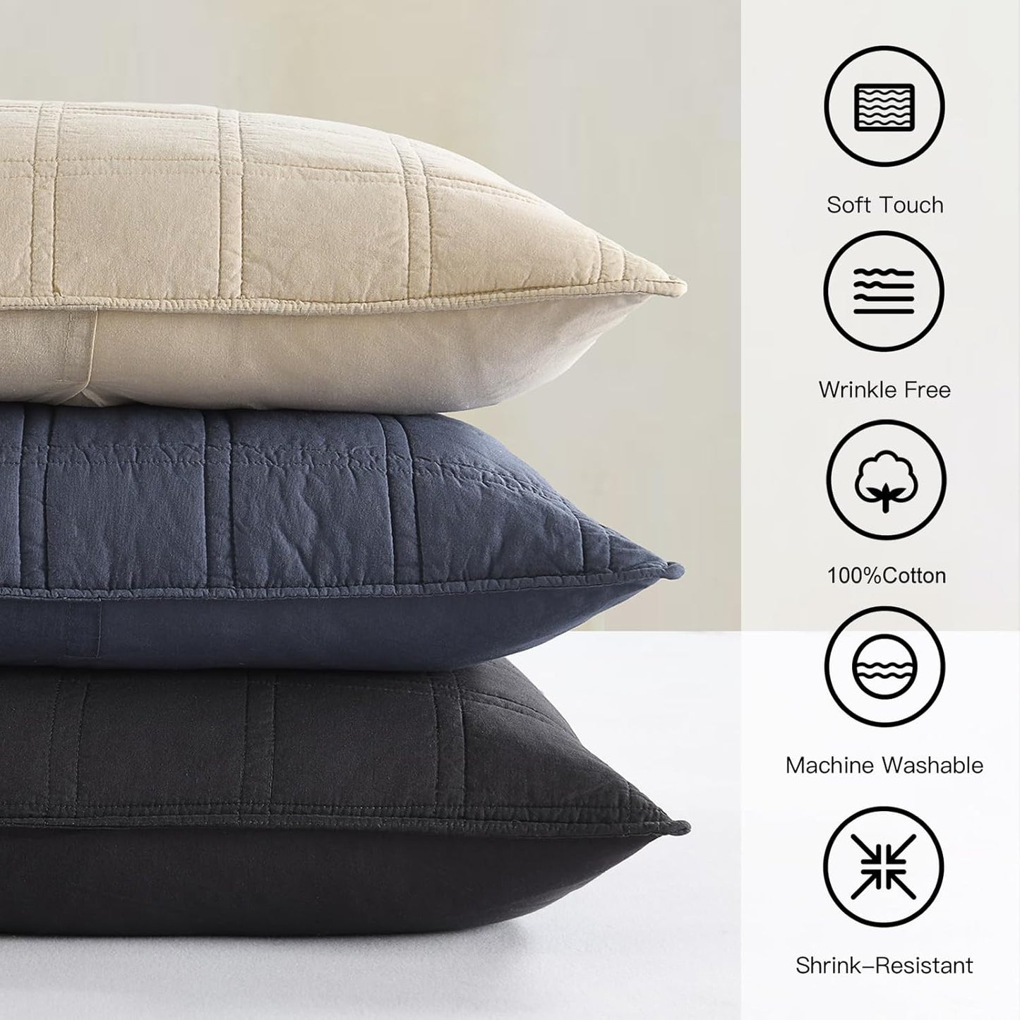 100% Cotton Quilted Pillow Shams King Size, Steel Blue Pre-Washed 2 Pack 20" X 36" Cozy Pillowcases, Breathable Stitching Pillow Cases Cover Decorative for Bed in Geometric Pattern