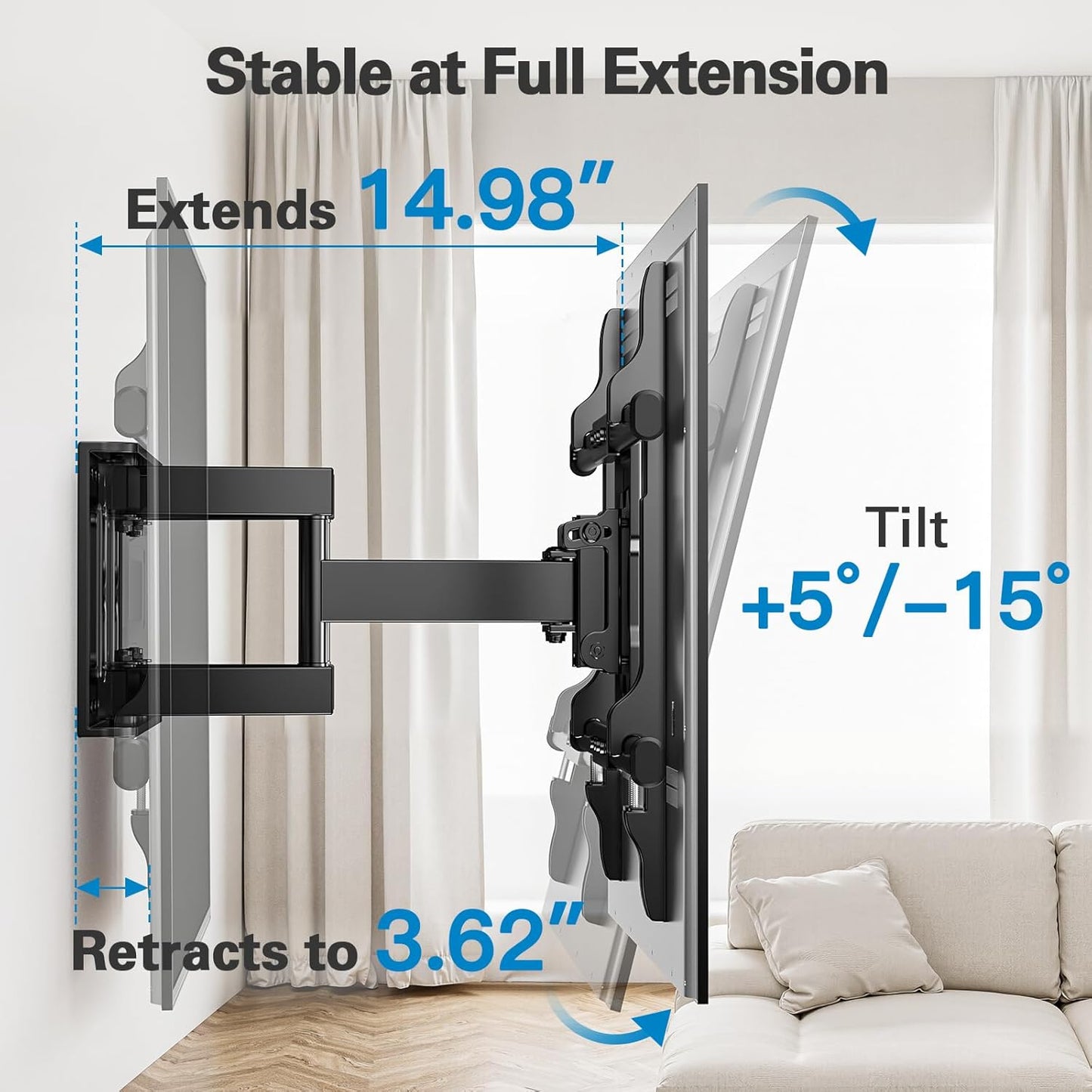 Full Motion TV Wall Mount for 37-75 Inch Tvs up to 132 Lbs, TV Mount with Swivel Articulating Arm, Wall Mount Bracket Fits 12"/16" Wood Studs, Tool-Free Tilt, Max Vesa 600X400Mm