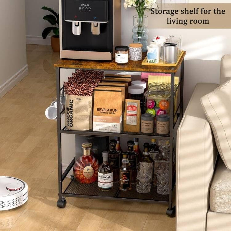 Rolling Kitchen Microwave Cart, 3 Tier Microwave Table Stand with Storage, Kitchen Utility Cart on Lockable Wheels, Small Coffee Cart Shelf Rack Organizer for Living Room Office, Balcony