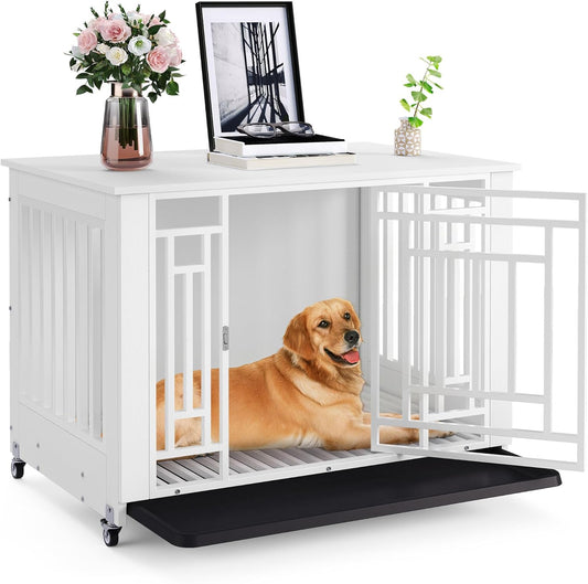 Dog Crate Furniture with Wheels, 38 Inch Dog Kennel Indoor Heavy Duty End Table Dog Crate for Large Medium Dogs, Decorative Wooden Dog Cage Table with Removable Tray, Chew-Resistant, White