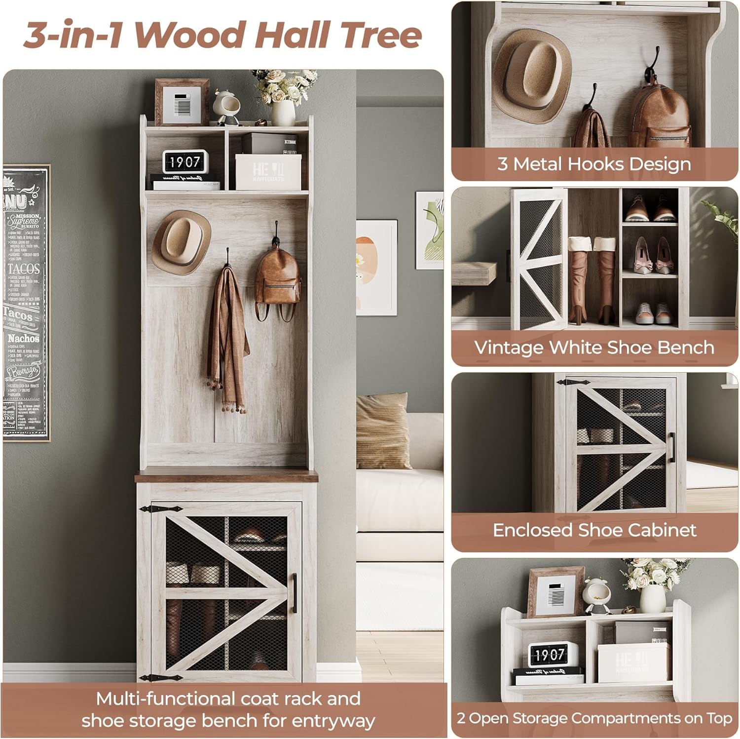 Farmhouse Hall Tree with Shoe Storage, 23" Entryway Narrow Coat Rack with 4 Cubbies, 3 Hooks & Mesh Barn Door, Coat Tree and Shoe Rack Entryway for Hallway, Living Room, Mudroom, Rustic White