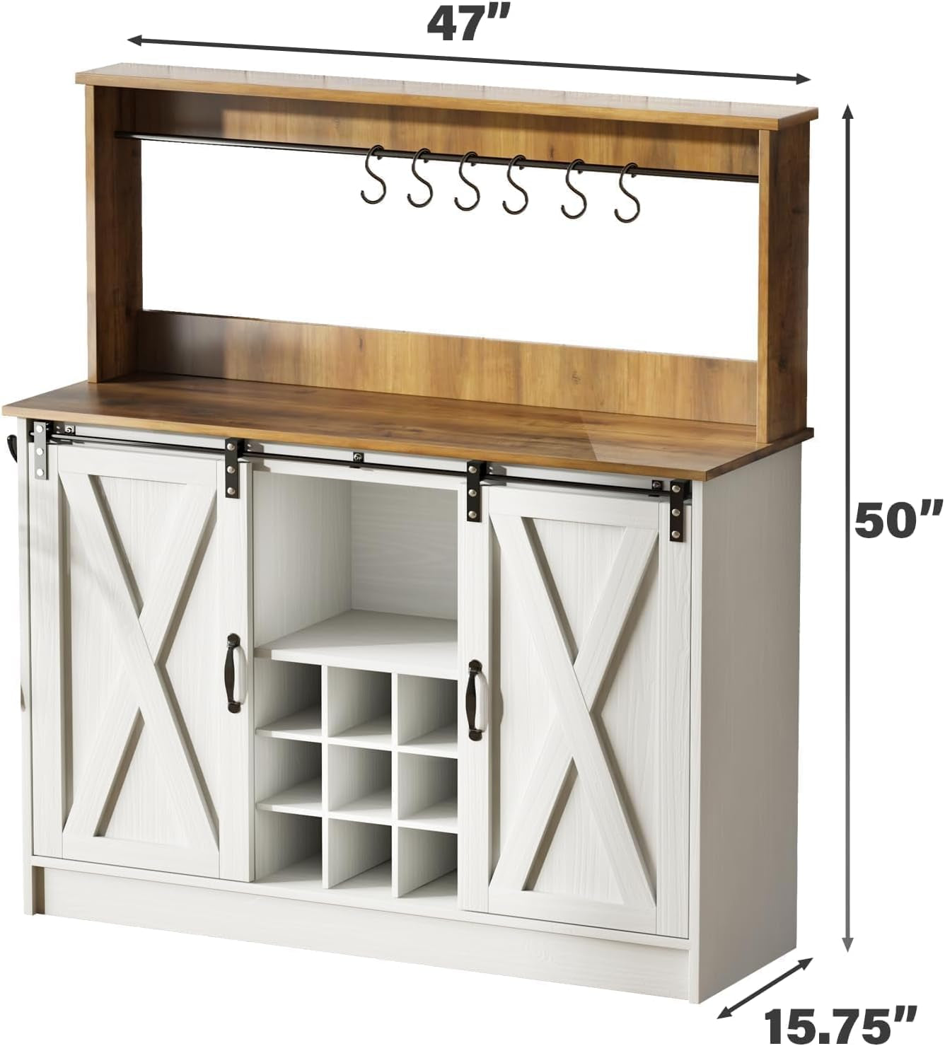 Farmhouse Coffee Bar Cabinet with Hutch, 47 Inch Buffet Cabinet with Storage, White Wine Bar with 9 Wine Racks and 6 Hooks, Coffee Bar Table with Adjustable Shelves for Living Dining Room