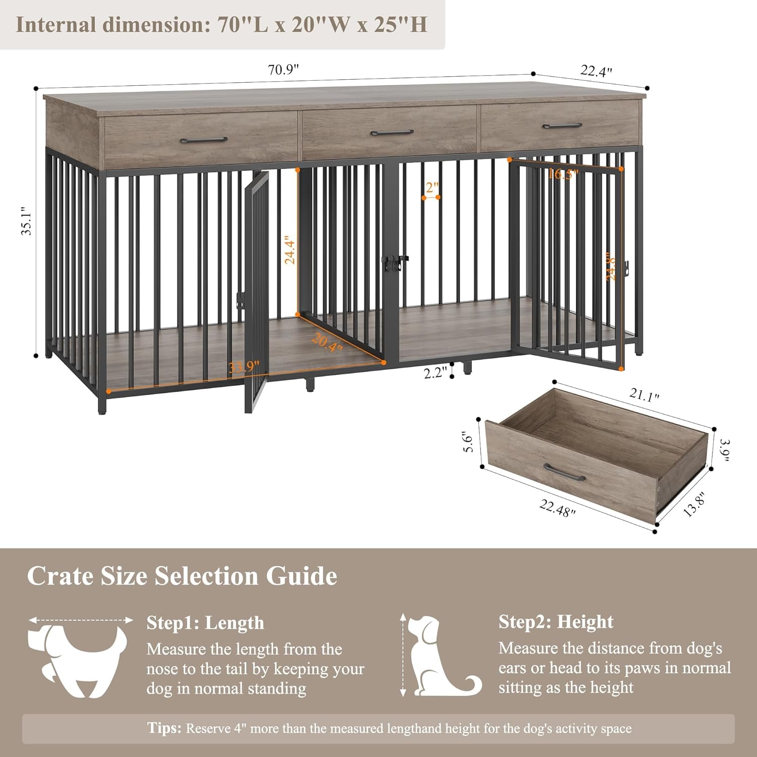 Double Dog Crates Furniture, 71" Wide Indoor Dog Kennel with 3 Drawers, Farmhouse Dog Cage for 2 Large/Medium Dogs, Heavy Duty Dog Crate with Removable Divider, Wooden Pet House, Ash Grey