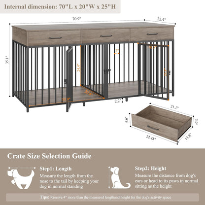 Double Dog Crates Furniture, 71" Wide Indoor Dog Kennel with 3 Drawers, Farmhouse Dog Cage for 2 Large/Medium Dogs, Heavy Duty Dog Crate with Removable Divider, Wooden Pet House, Ash Grey
