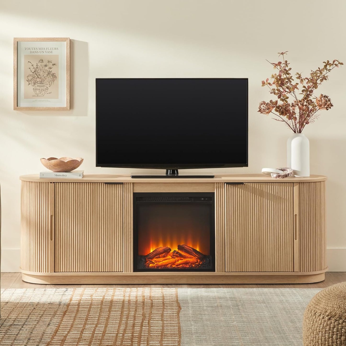 Chloe Reeded TV Stand with Fireplace Insert, 75 Inch, 70 Inch, Coastal Oak