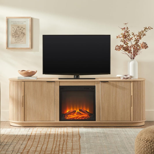 Chloe Reeded TV Stand with Fireplace Insert, 75 Inch, 70 Inch, Coastal Oak