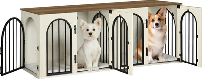 88.4" Dog Crate Furniture for 2 Dogs, Heavy Duty Indoor Dog Kennel TV Stand, XXL Wooden Dog Cage with Divider for Medium Large Dogs, End Table Dog Crate with Cushion, Greige Black DFC84005BV1