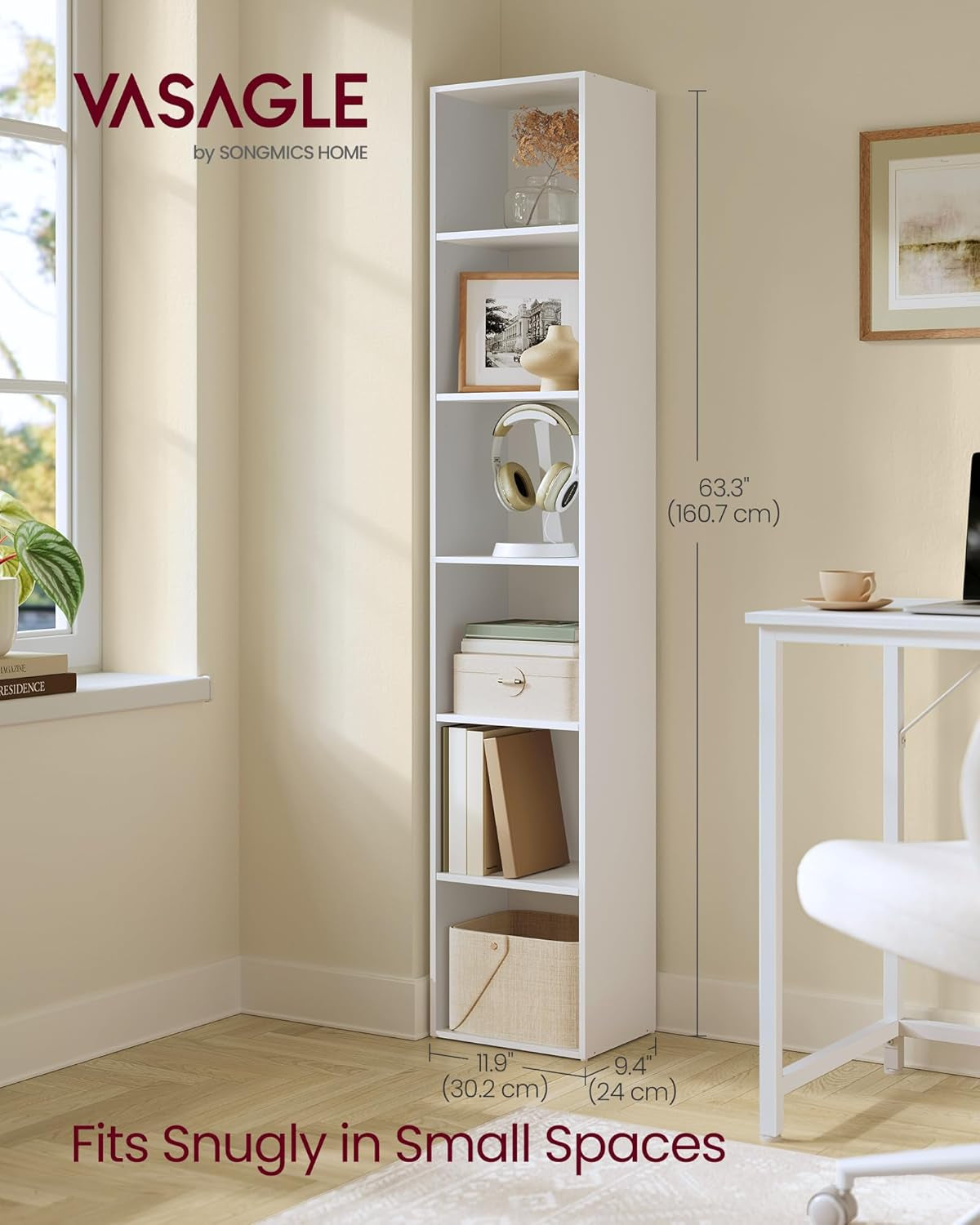 Custos Collection - Bookshelf, 6-Tier Bookcase, Book Shelf, Open Storage Shelf, 9.4 X 11.9 X 63.3 Inches, for Living Room, Home Office, Dinning Room, Cloud White ULBC411W01