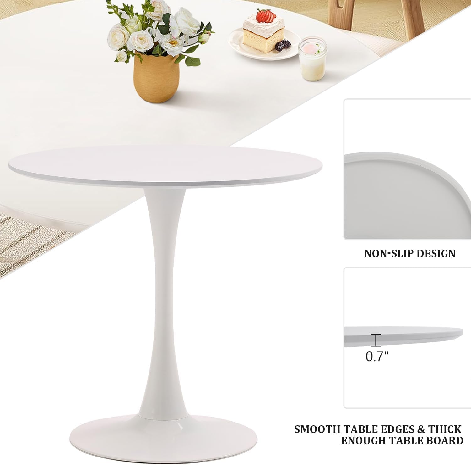 White round Dining Table, 31.5" Tulip Table Kitchen round Dining Table for 2-4 People with MDF Table Top and Metal Pedestal Base, Mid-Century Leisure Table for Home, Dining Room, Cafe