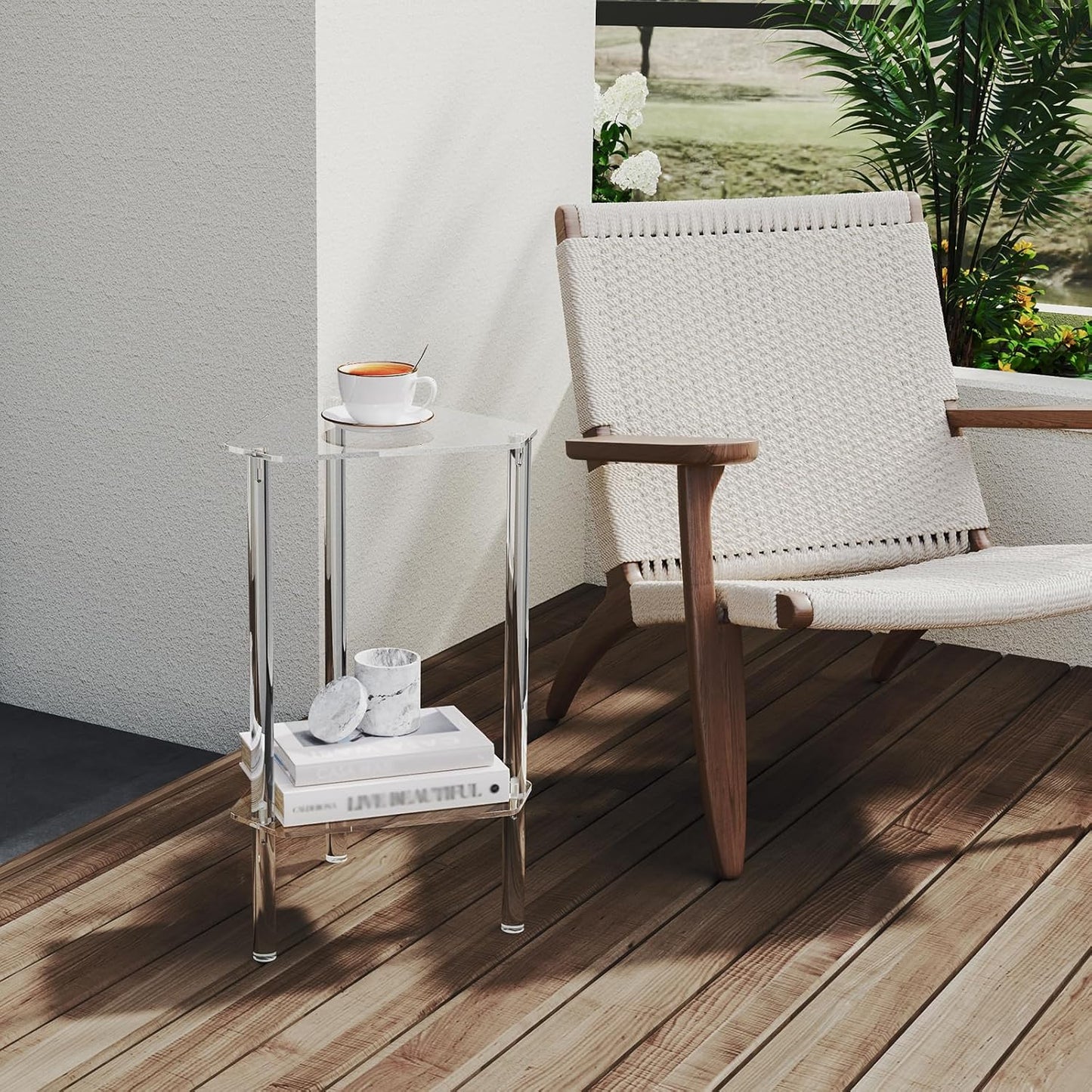 Clear Acrylic Triangle End Table, Corner Side Table for Small Spaces, Small Accent Table for Living Room, Bedroom and Balcony, Easy Assembly
