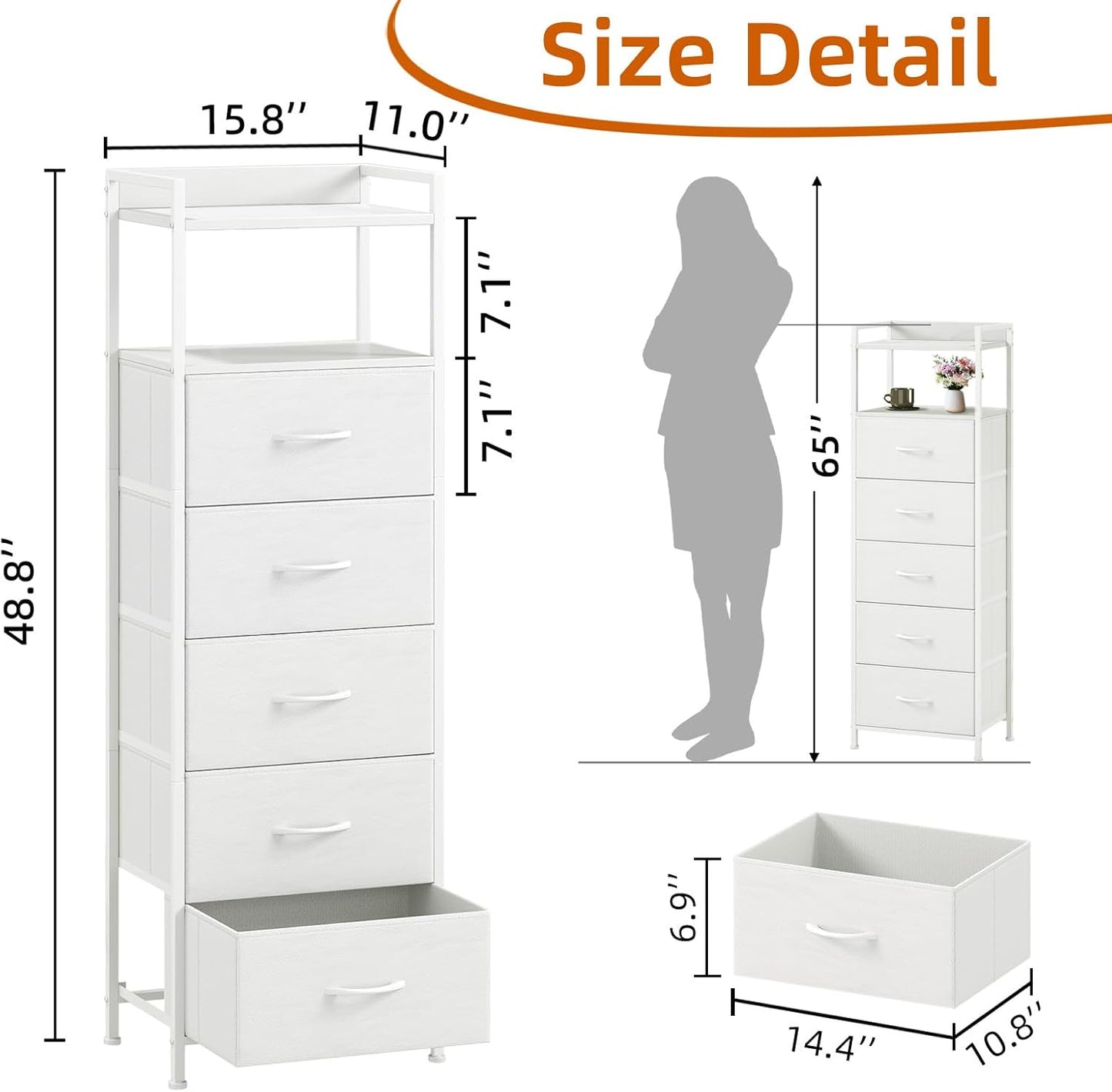 White Tall Night Stand for Bedroom,Tall 5 Drawers Dresser, Vertical Storage Tower Unit, Nightstand Furniture with Fabric Drawer Organizer in Bedside Kids Dorm Room Closet Laundry Entryway