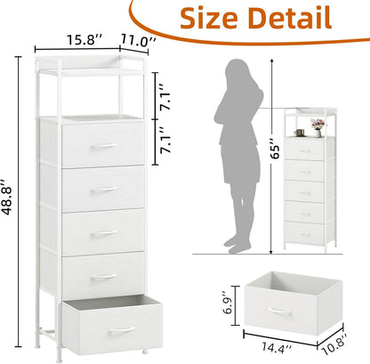 White Tall Night Stand for Bedroom,Tall 5 Drawers Dresser, Vertical Storage Tower Unit, Nightstand Furniture with Fabric Drawer Organizer in Bedside Kids Dorm Room Closet Laundry Entryway