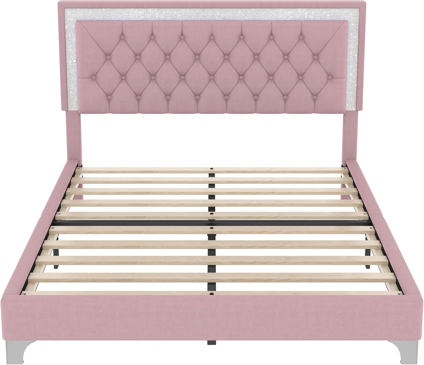 Bedroom Sets, 3-Pieces Bedroom Sets, Queen Size Upholstered Platform Bed with LED Lights and 2 Nightstands, Pink