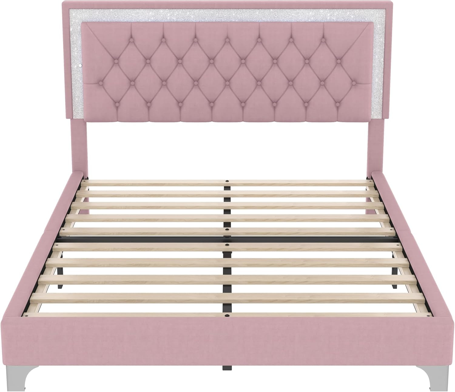 Bedroom Sets, 3-Pieces Bedroom Sets, Queen Size Upholstered Platform Bed with LED Lights and 2 Nightstands, Pink