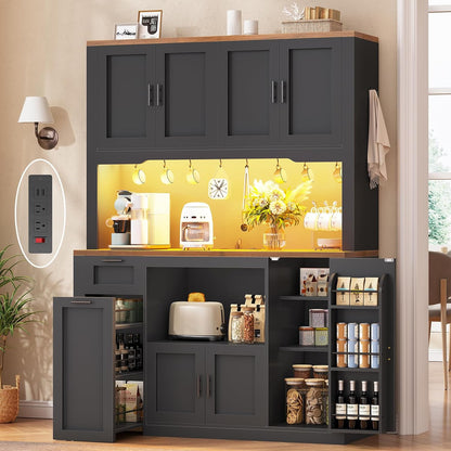 71" Pantry Cabinet with Charging Station and LED Light, Kitchen Pantry Cabinet with Microwave Stand, 47.2" Wide Kitchen Storage Cabinets with Storage Cart 3 Tier for Dining Room, Black