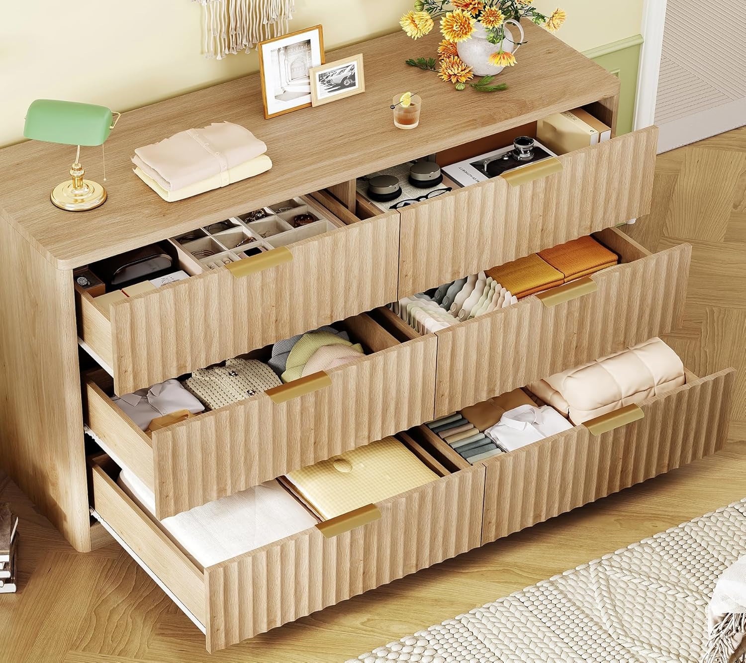 Fluted 6 Drawer Dresser for Bedroom, Wide Modern Chest of Drawers with Metal Handle, Curved Profile Design, Wood Closet Clothes Storage Organizer for Bedroom, Hallway, Natural
