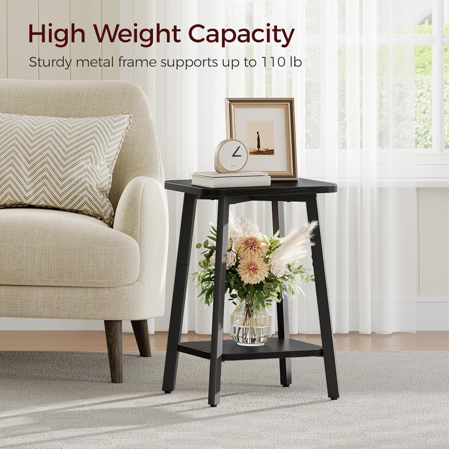 Side Table, Small Rectangular End Table with Storage Shelf, 2-Tier Bedside Table Sofa Couch Table, Nightstand for Small Spaces, Living Room, Bedroom, Black ETBK4701