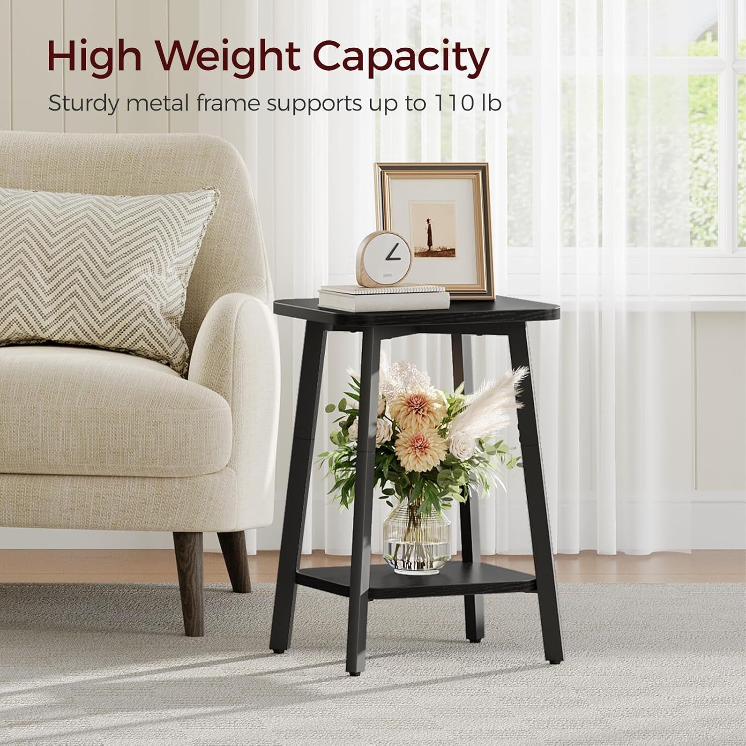 Side Table, Small Rectangular End Table with Storage Shelf, 2-Tier Bedside Table Sofa Couch Table, Nightstand for Small Spaces, Living Room, Bedroom, Black ETBK4701