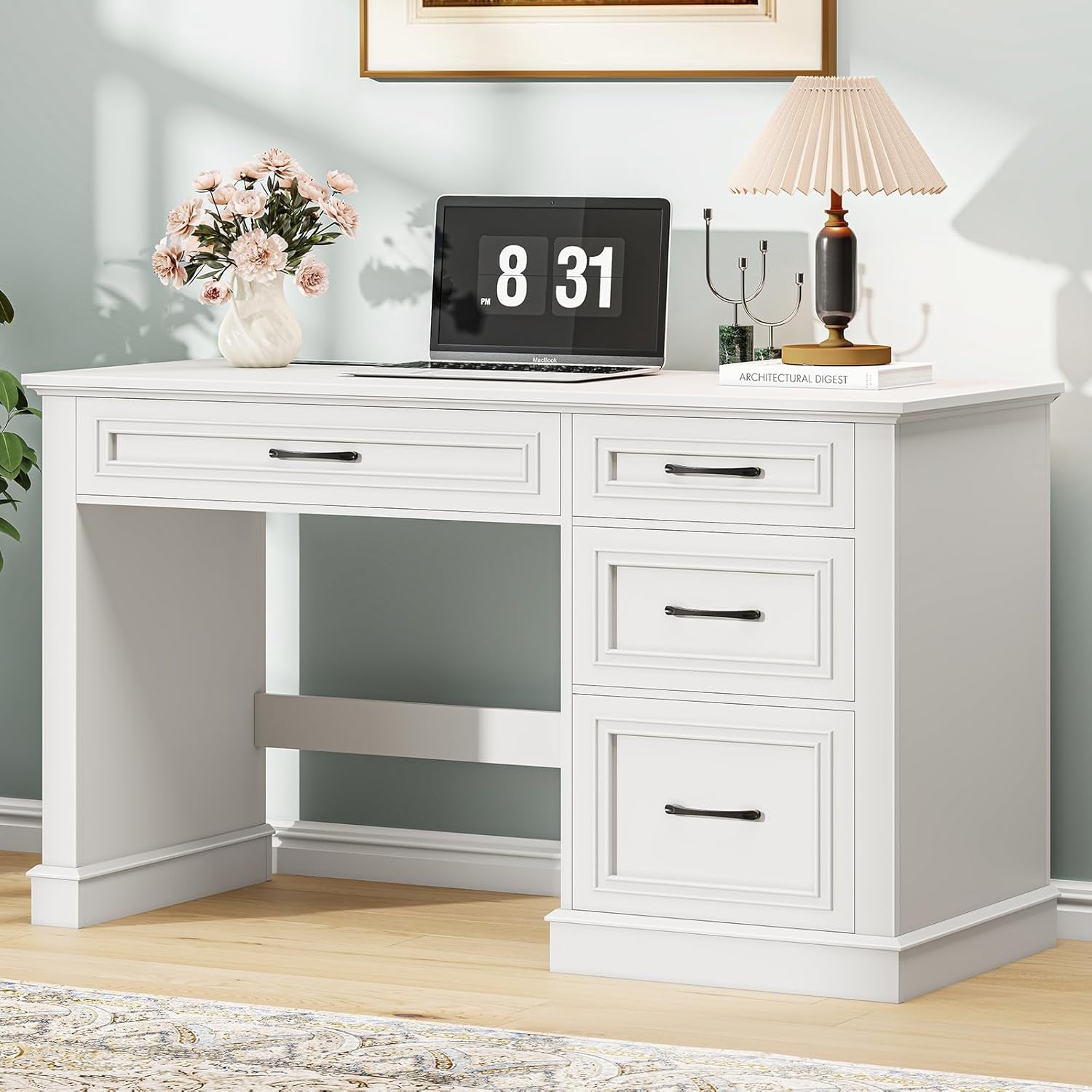 Farmhouse 47" Executive Desk, Computer Desk with Drawers and File Drawer, Workstation Computer Desk with Charging Station for Home Office,Study,（Cream White）