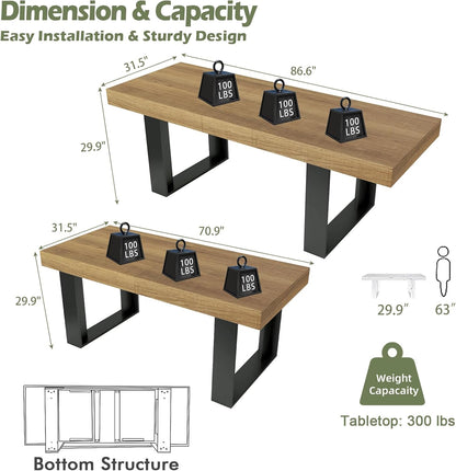 Farmhouse Rustic Extendable Dining Room Table for 8 10, 70.9" (86.6") X 31.5", Rectangular Dinner Table for 6-10, Mid Century Modern Expandable Retractable Wooden Kitchen Table (Brown)