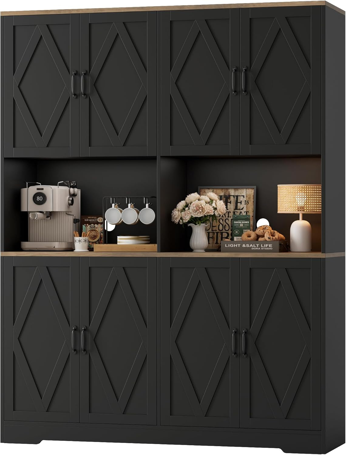 71" Tall Pantry Cabinet, 55" Wide Kitchen Pantry Storage Cabinet, Large Kitchen Hutch with 2 Microwave Stands, Farmhouse Coffee Bar Station with Doors and Shelves for Dining Room, Black