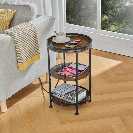 round Side Table with Charging Station, End Table with 3 Shelves for Living Room, Bedroom Nightstand for Small Spaces, Industrial round Sofa Table with Steel Frame (Usb+Rustic Brown)