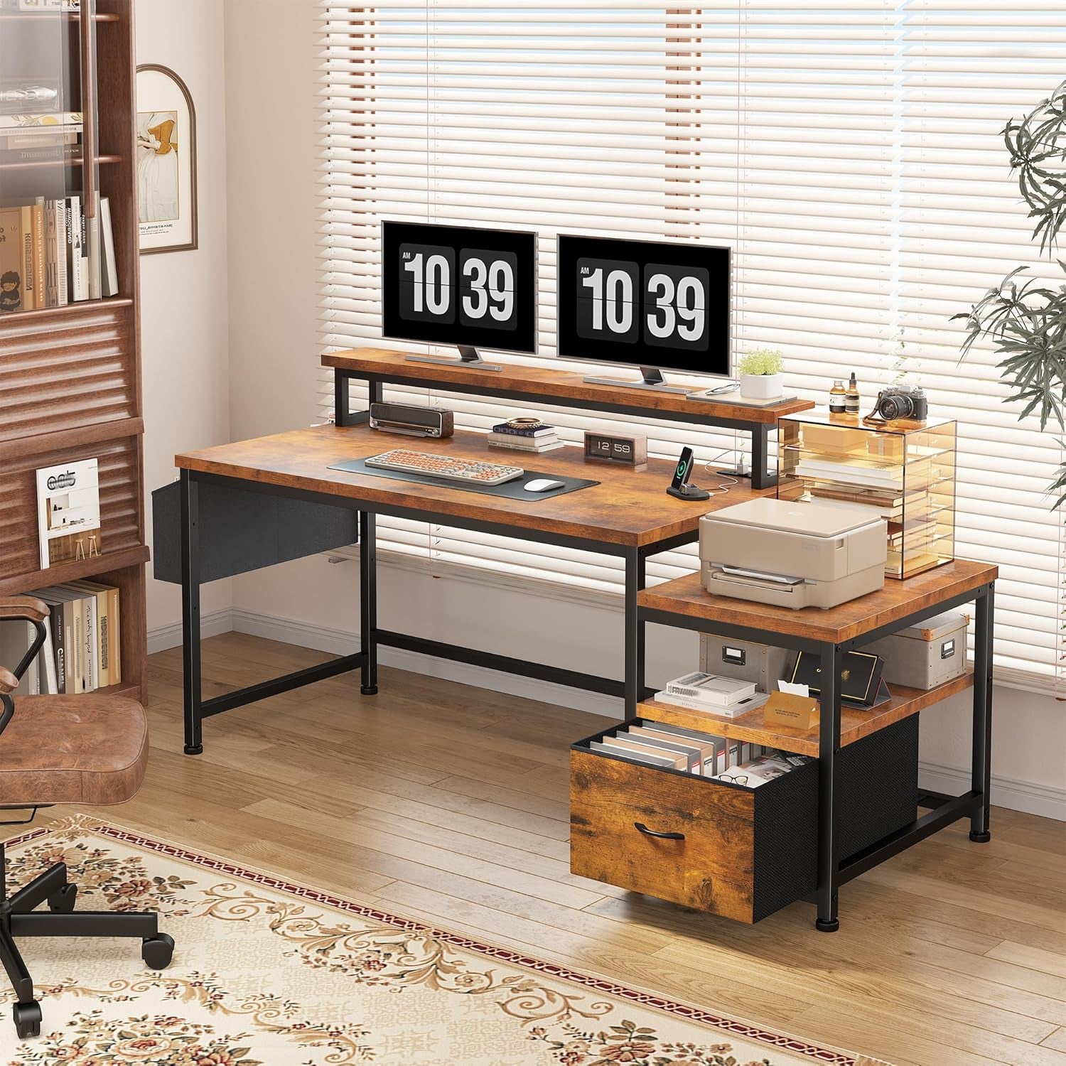 57" Office Desk with Drawers and Printer Space,Computer Desk with Power Outlets,Home Office Desks with File Drawers Cabinet,Study and Gaming Desk with Shelves Monitor Stand,Rustic Brown