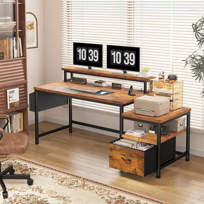 57" Office Desk with Drawers and Printer Space,Computer Desk with Power Outlets,Home Office Desks with File Drawers Cabinet,Study and Gaming Desk with Shelves Monitor Stand,Rustic Brown