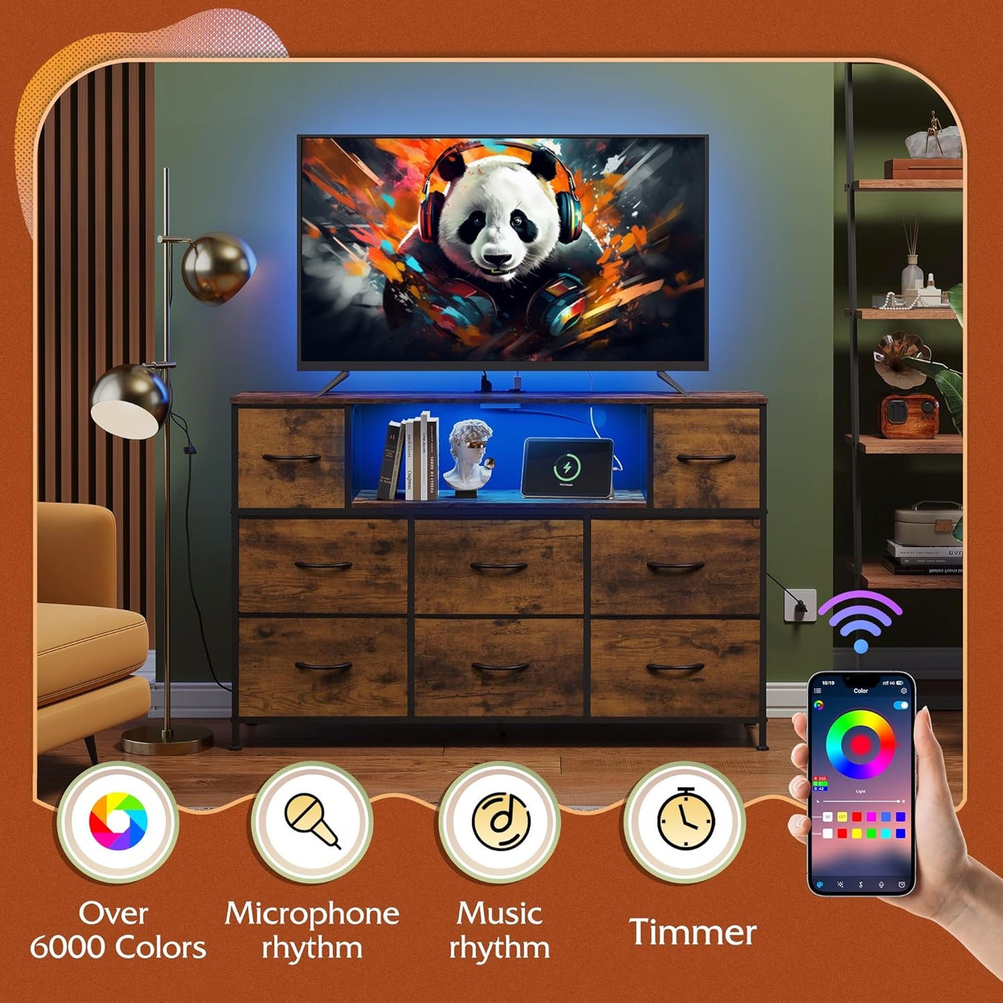 Dresser TV Stand for 45, 50, 55 Inch TV, Entertainment Center with LED Lights & Charging Station, Chest of Drawers with 8 Fabric Drawers and Open Shelves for Living Room, Hallway, Rustic Brown
