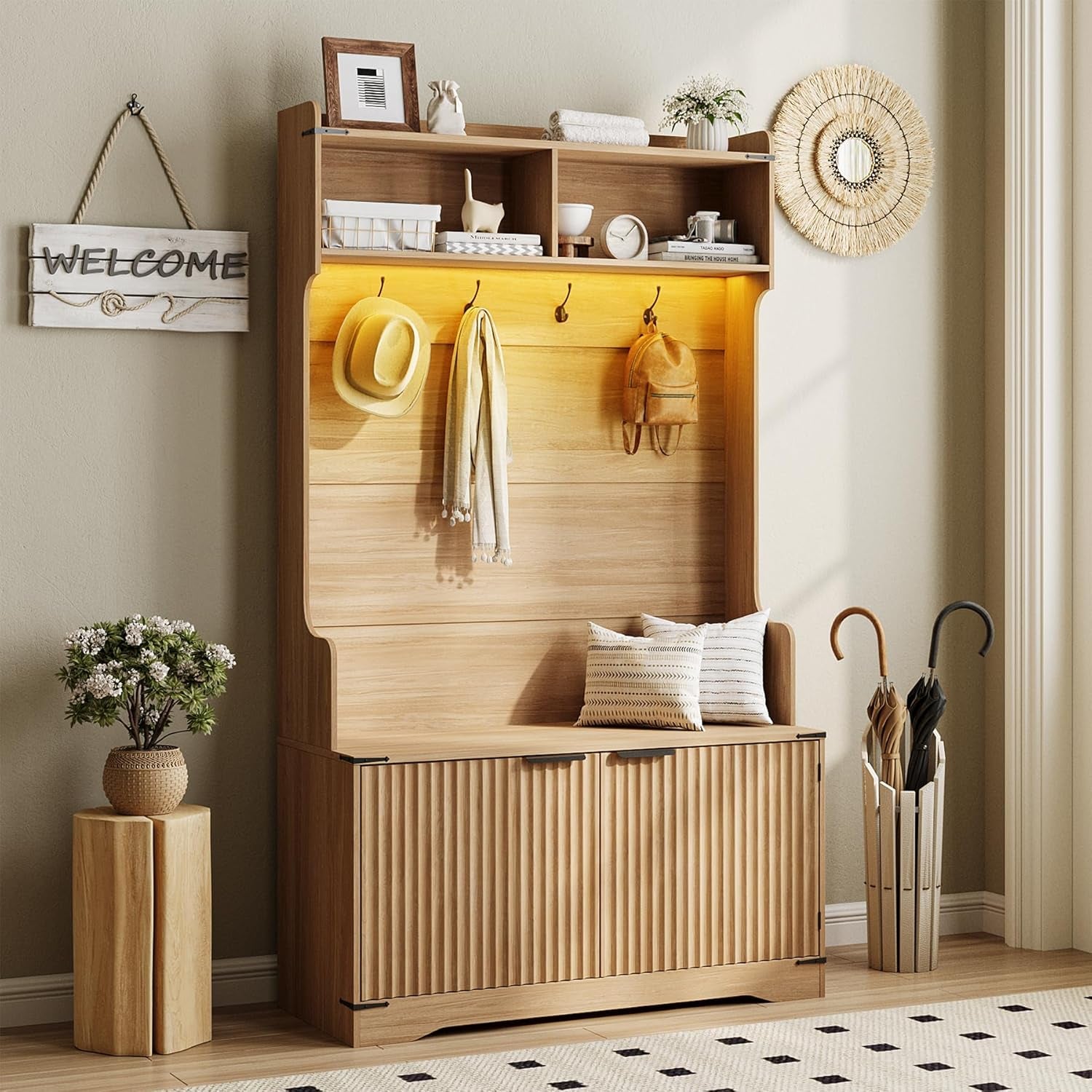 67" Entryway Hall Tree with Bench and Shoe Storage, 5-In-1 Coat and Shoe Rack, Mudroom Bench with Storage and 4 Hooks, Adjustable LED Sensor Light, Modern Boho Fluted Coat Tree, Walnut