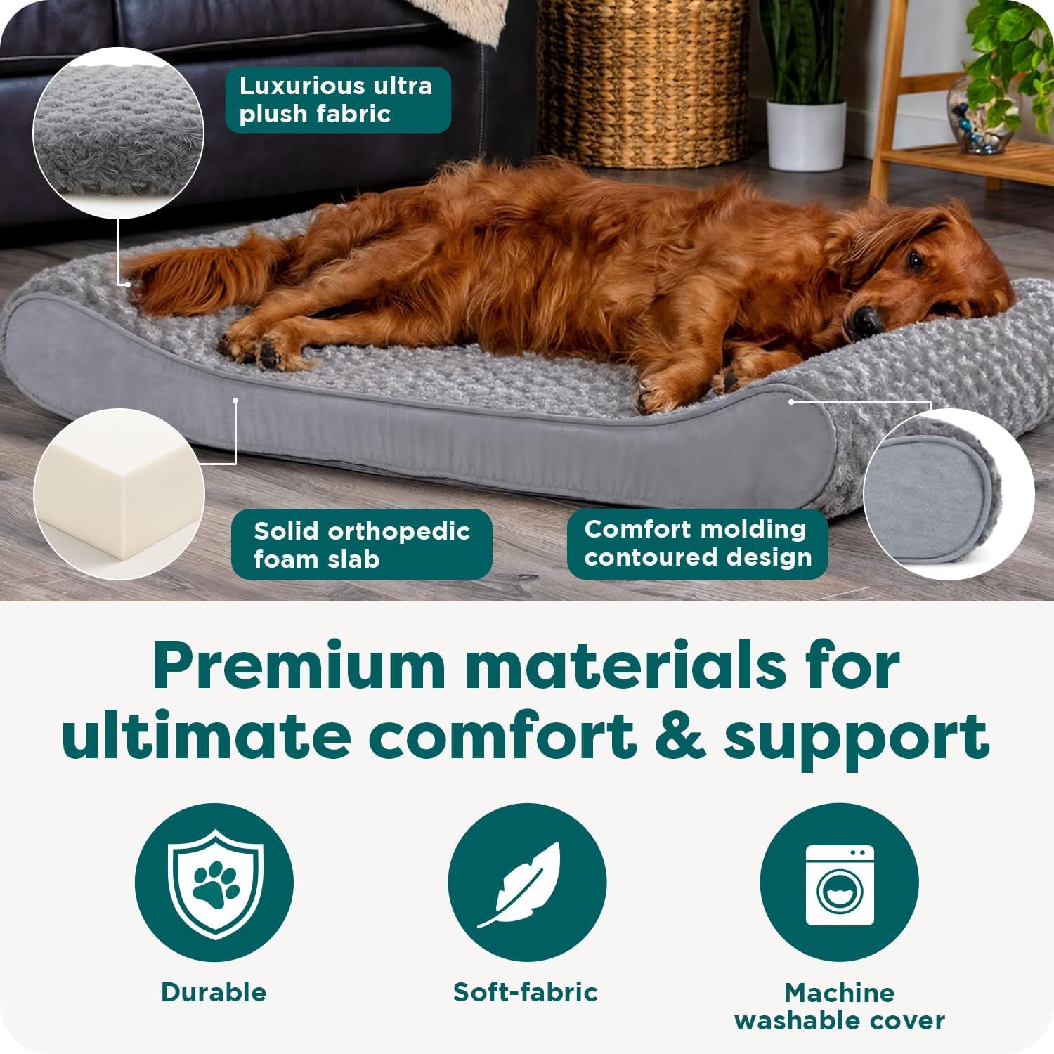Orthopedic Dog Bed for Large Dogs, Luxe Lounger Contour Mattress with Solid Orthopedic Foam Slab for Joint Support, Removable Washable Cover, Jumbo XL, Plush Suede, Gray