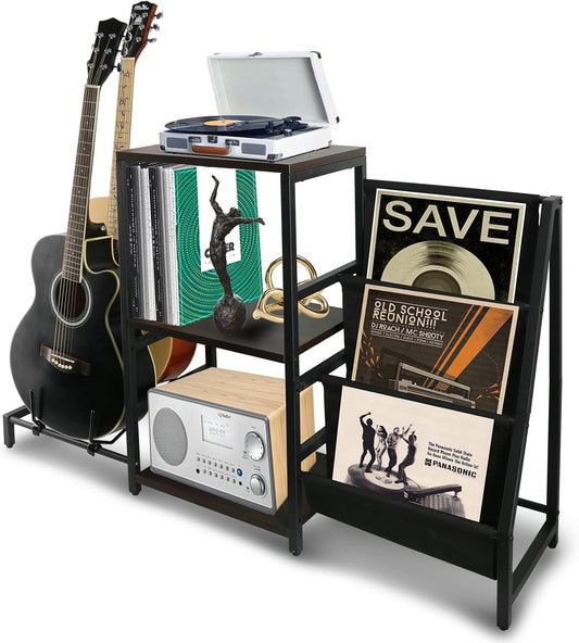 Guitar Stand & Record Player Table - 3-Tier Vinyl Record Storage for Acoustic, Electric Guitar, Bass, Speaker, Amp