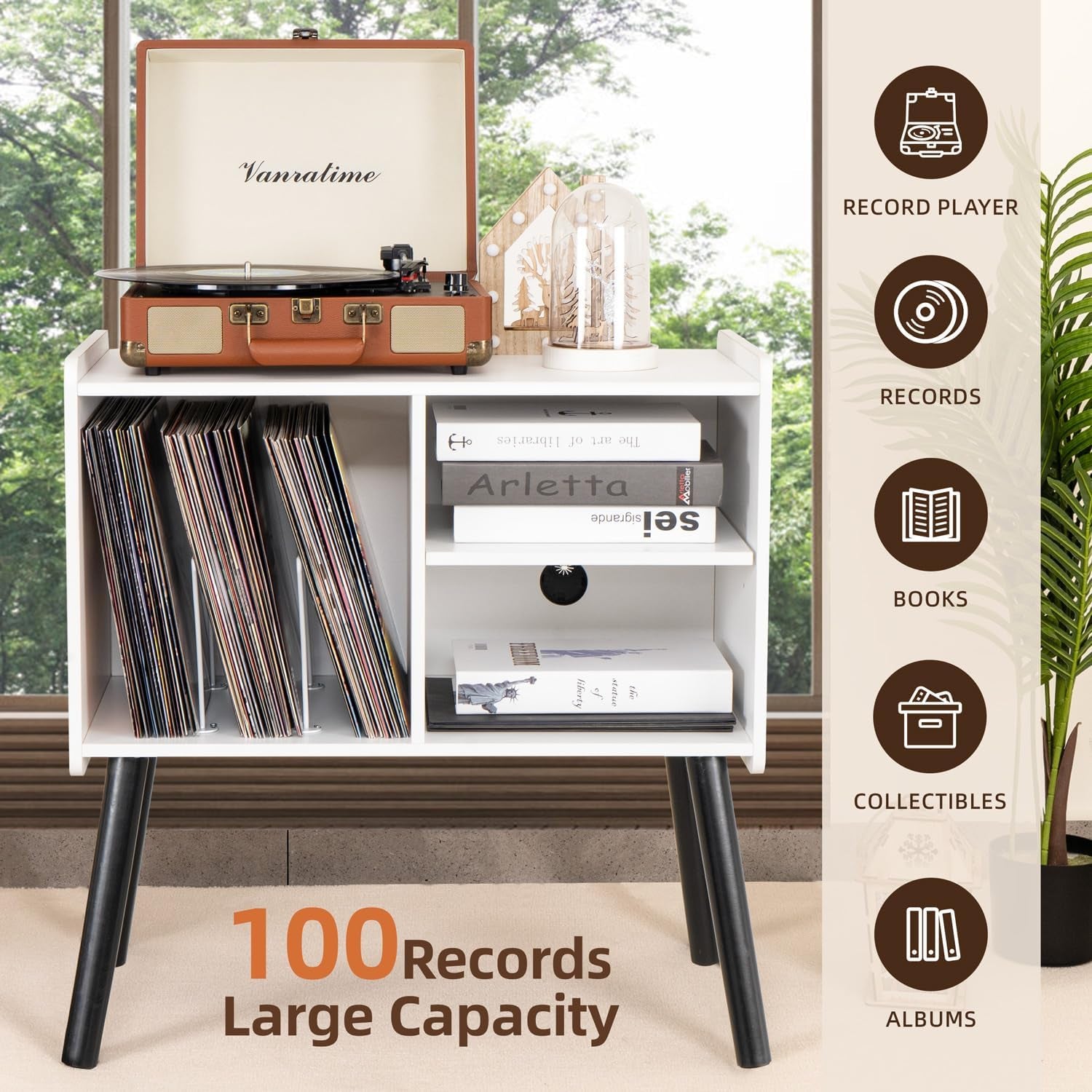 Record Player Stand, Mid-Century Record Player Table with Storage Hold up to 150 Albums , Vinyl Record Cabinet with Adjustable Shelves , Wood Turntable Stand for Living Room Bedroom (White)