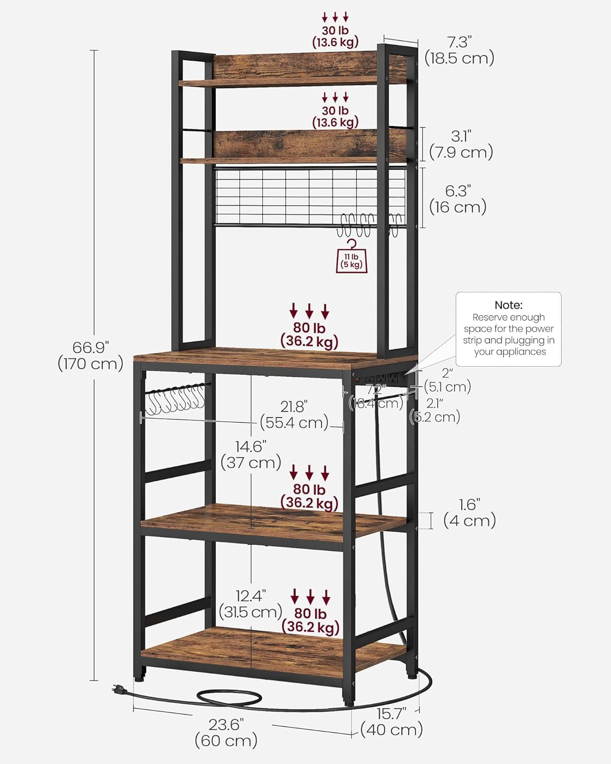 Bakers Rack with Power Outlet, Microwave Stand, Kitchen Tall Utility Storage Shelf, with Metal Wire Panel, 14 Hooks, 15.7 X 23.6 X 66.9 Inches, Rustic Brown and Ink Black UKKS037B01