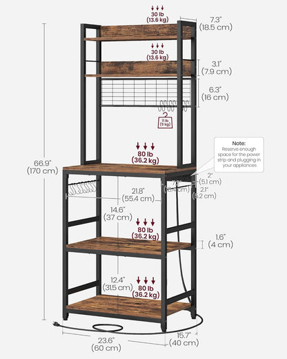 Bakers Rack with Power Outlet, Microwave Stand, Kitchen Tall Utility Storage Shelf, with Metal Wire Panel, 14 Hooks, 15.7 X 23.6 X 66.9 Inches, Rustic Brown and Ink Black UKKS037B01