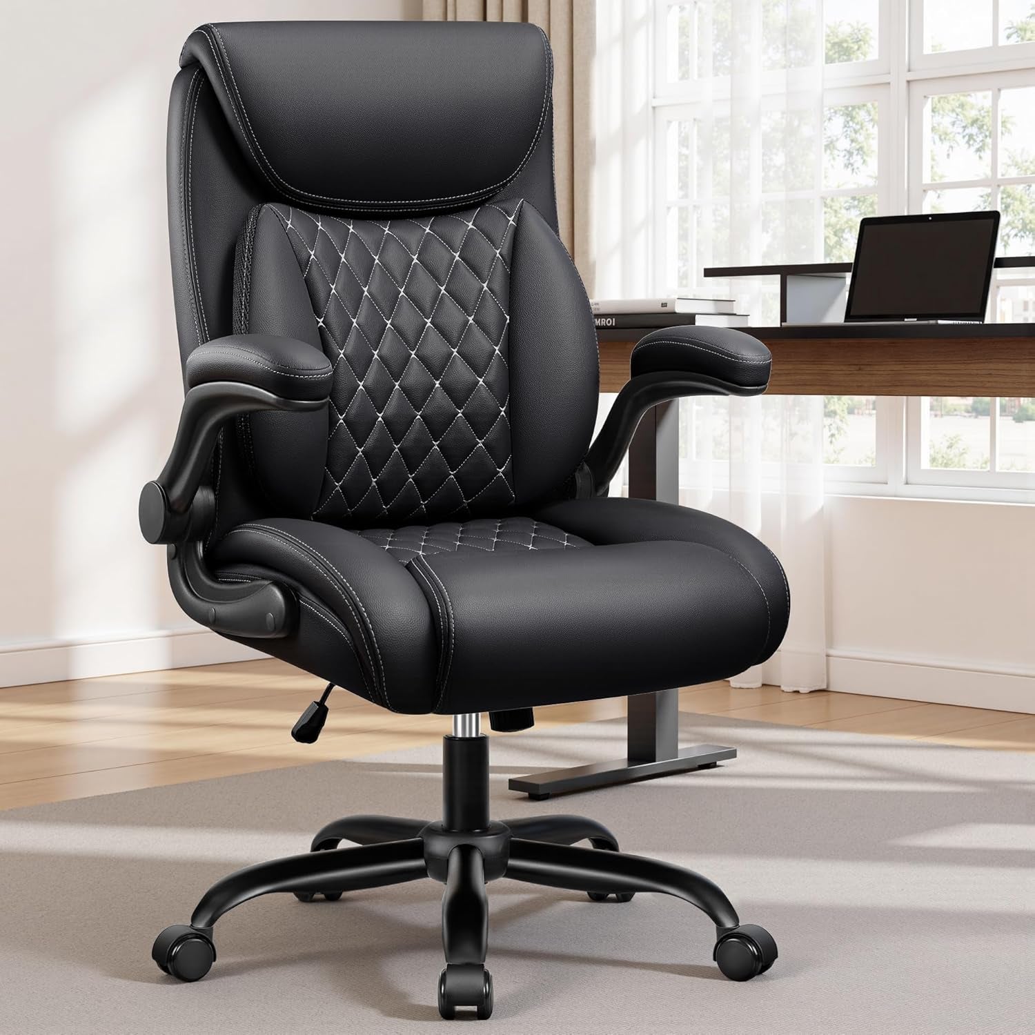 Office Chair,Ergonomic Office Chair with Lumbar Support for Lower Back Pain Relief, Executive Leather Chair with Padded Flip-Up Arms, Wheels and Adjustable Armrests, Black