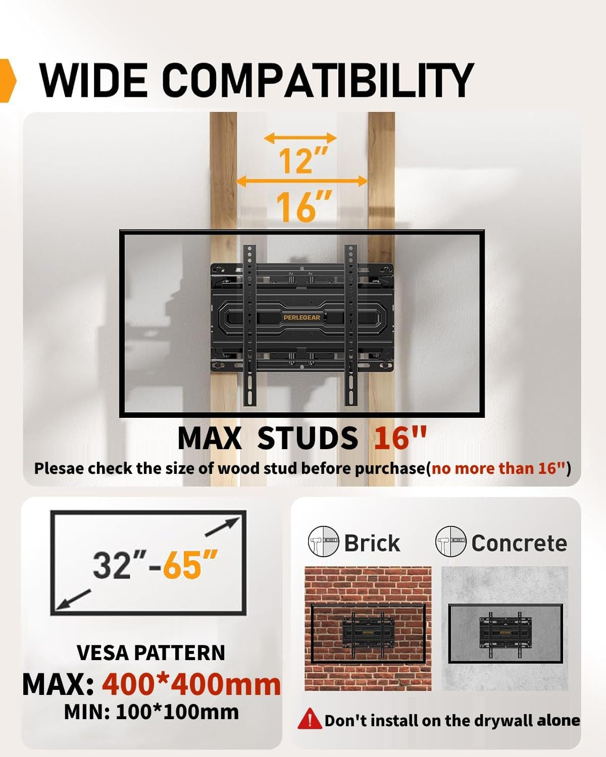 Full Motion TV Mount for 32-65 Inch Tvs up to 99 Lbs, Max VESA 400X400Mm, Fits 16”/12” Wood Studs, Height Adjustable Pre-Assembled TV Wall Mount, Tool-Free Tilt, Swivel & Extension, PGMF21