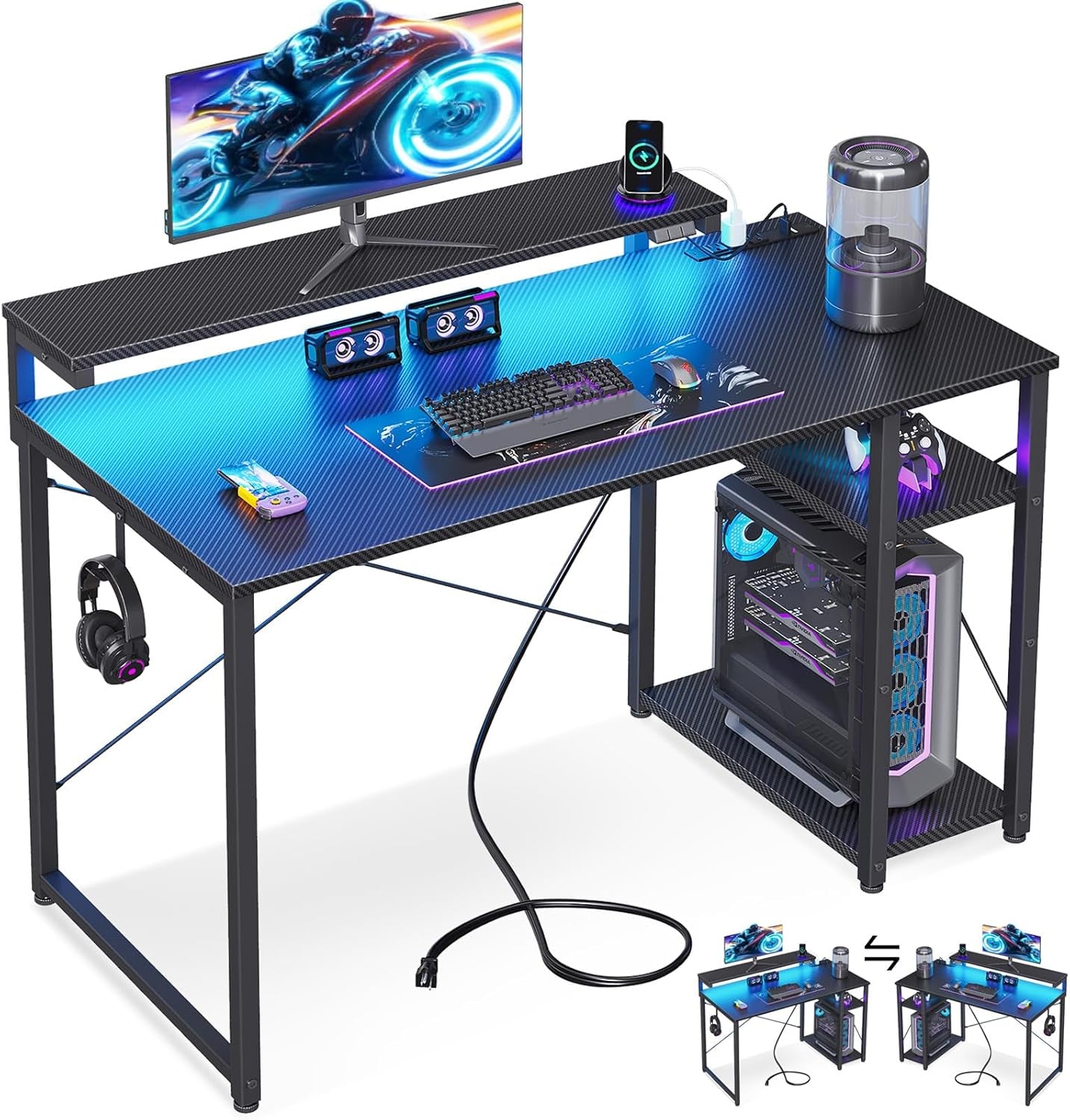40 Inch Small Gaming Desk with Storage & Led Lights, Computer Desk with Power Outlet & Shelf, Reversible Gamer Desk with Adjustable Monitor Stand, Carbon Fiber Texture Black