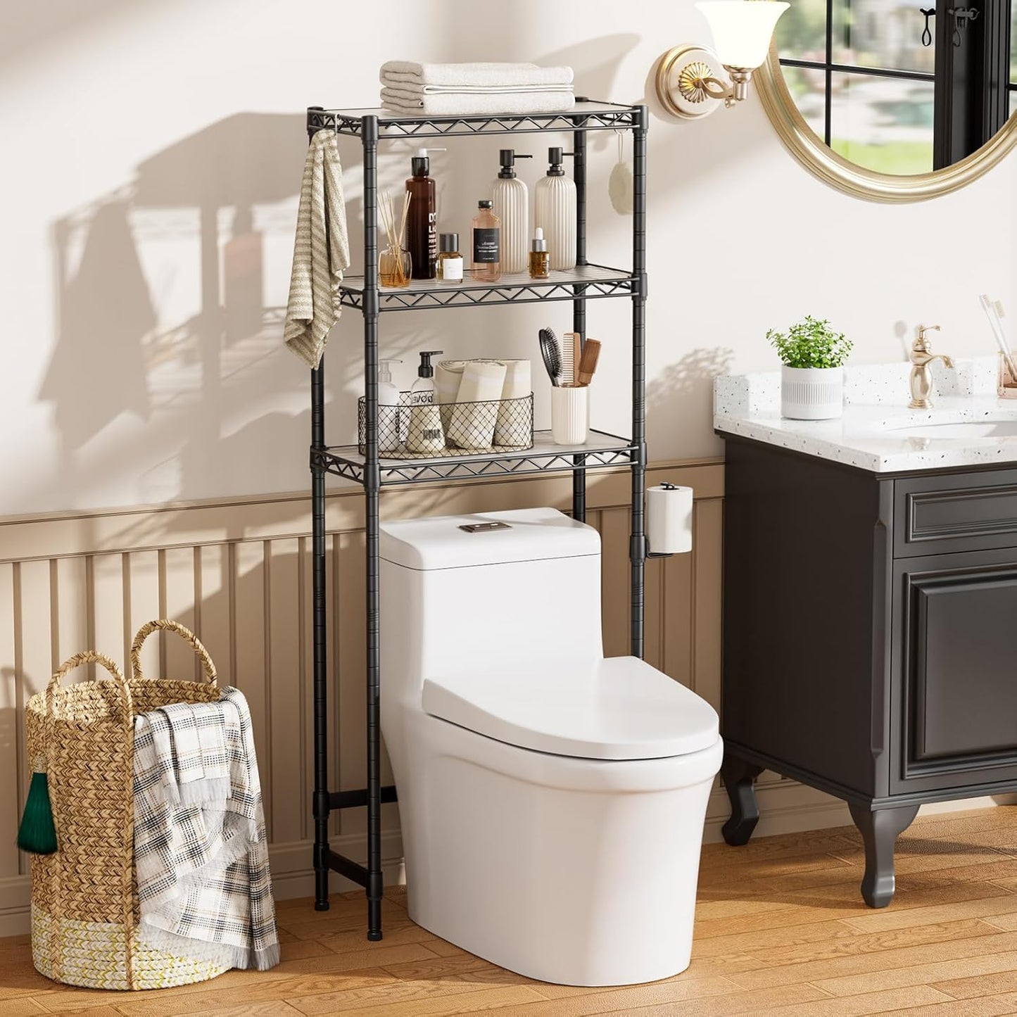 Over the Toilet Storage Shelf：3-Tier Bathroom Organizer and Storage Shelf with Adjustable Shelf and Basket Freestanding Space Saver above Toilet for Room Black