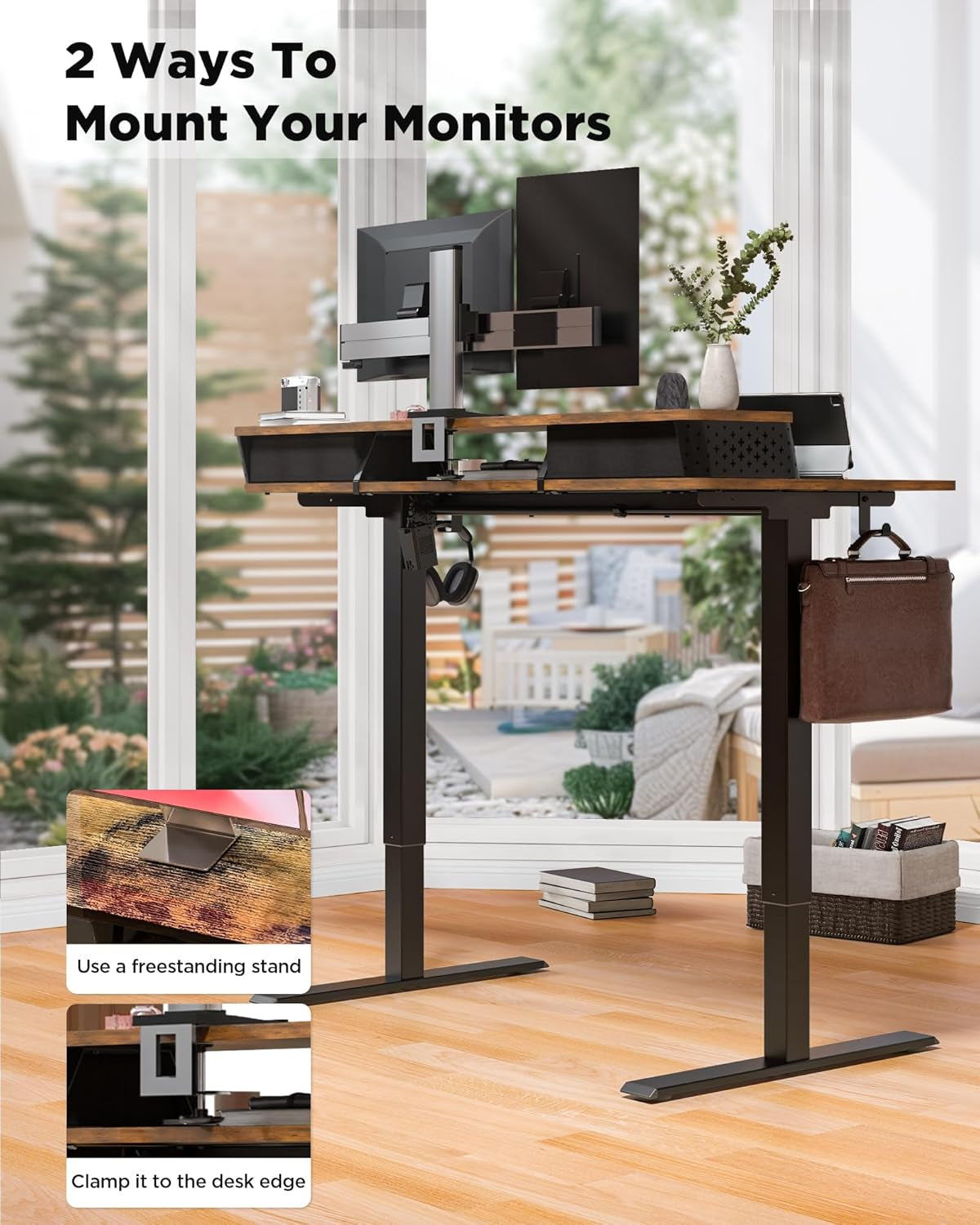 Standing Desk with Drawers,C-Clamp Mount Compatible,35X20 Inch Electric Adjustable Height Computer Small Stand up Desks, Home Office Sit Stand Table with 3 Preset Heights, Rustic Brown